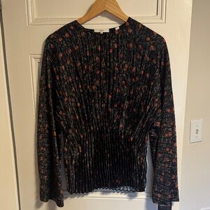 Vince Black Long-Sleeve Pleated Top with Red Floral Print
